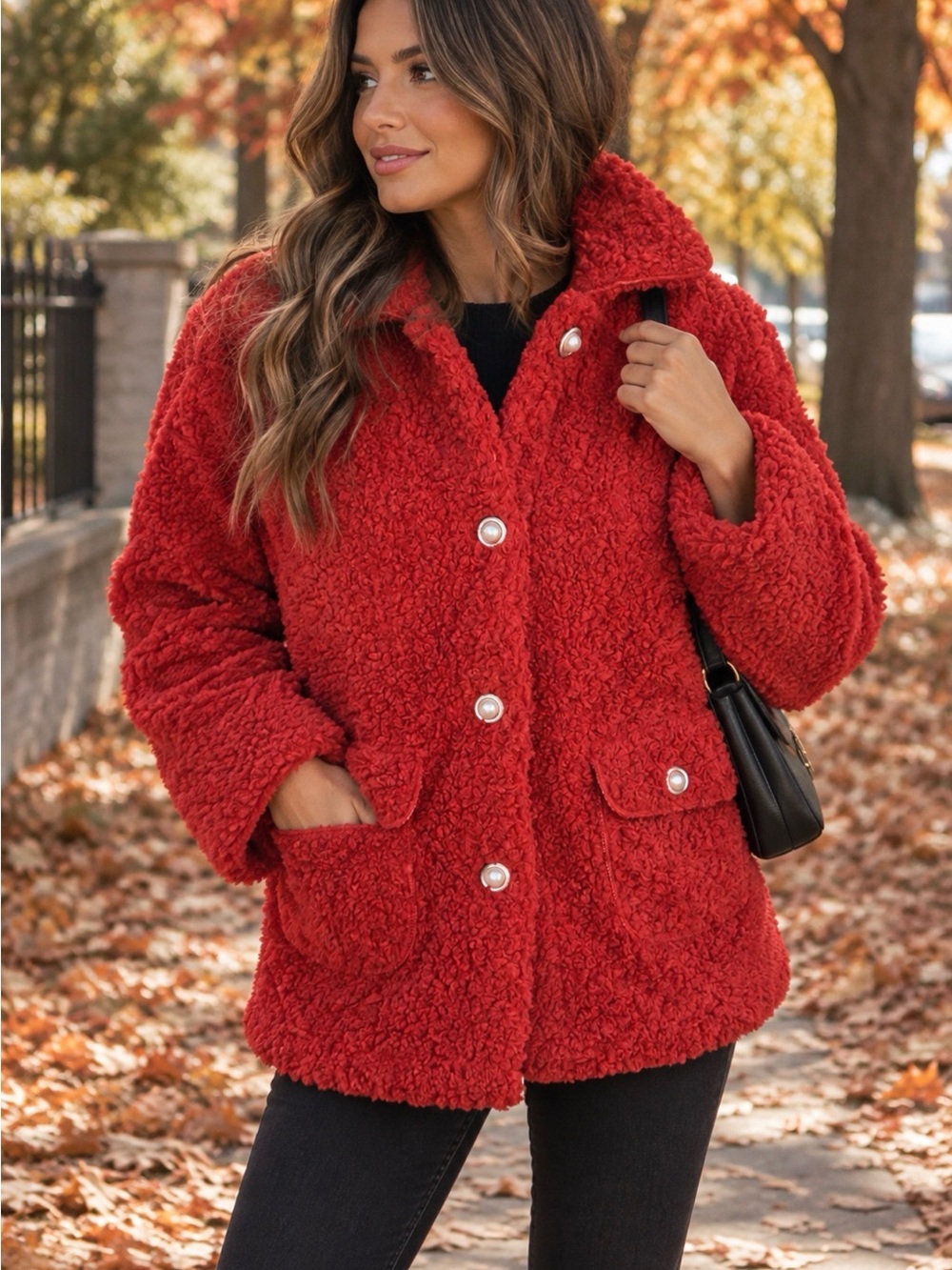 Nwot Red Plush Teddy Coat - Women's Cozy Button Jacket